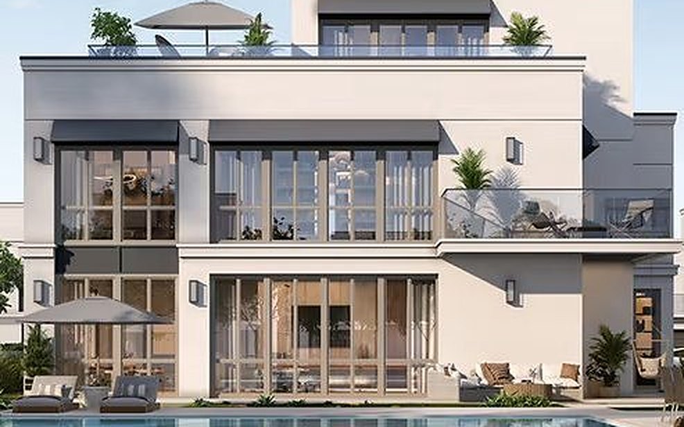 Dubai villa exterior with pool and mature planting