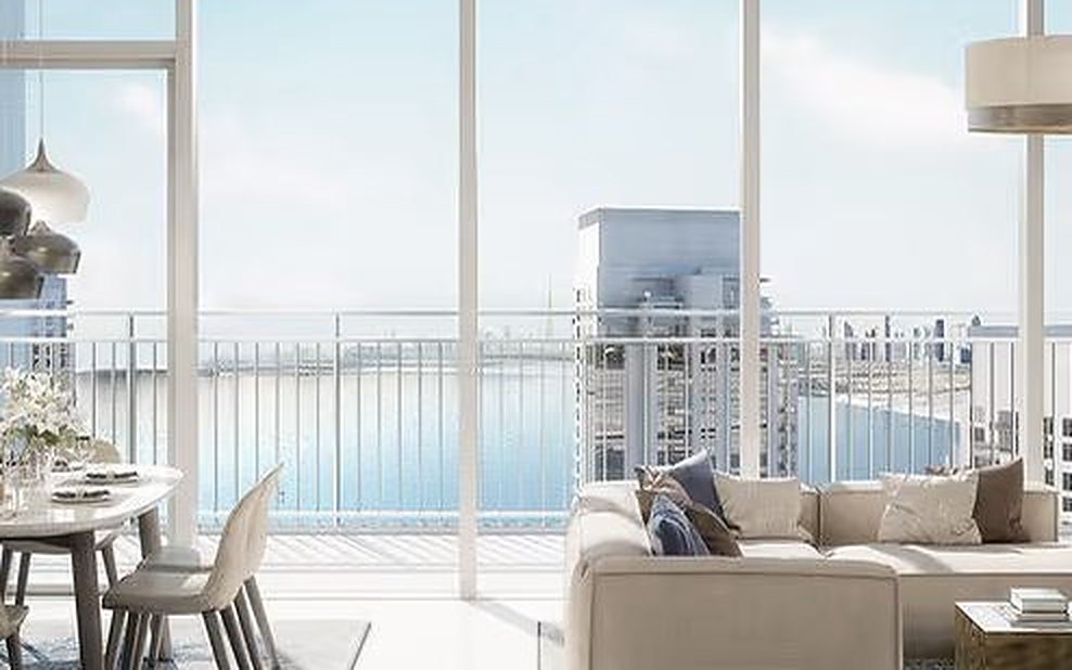 Marina-view living space in a completed Dubai residence