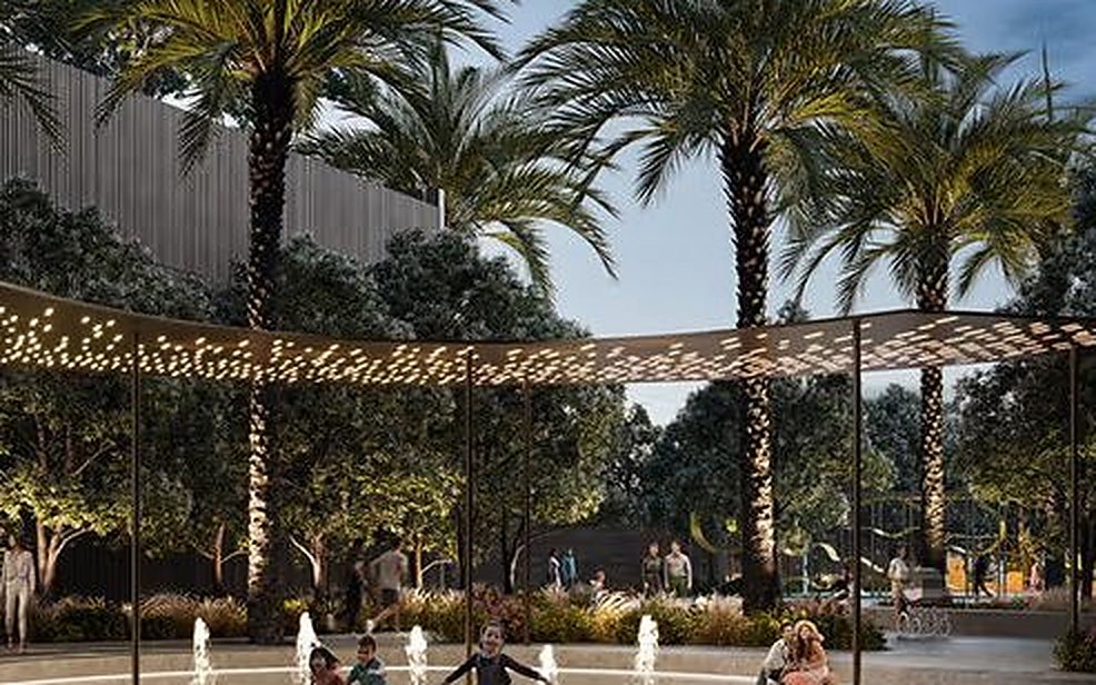 Dubai residential community courtyard at dusk