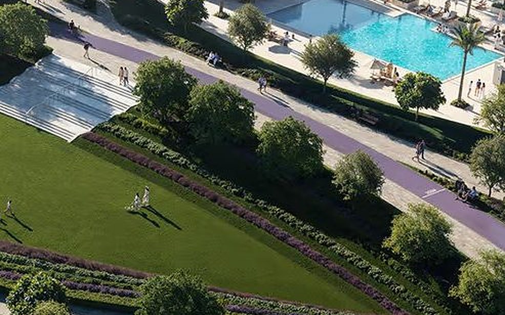 Aerial view of Dubai parkland and waterways